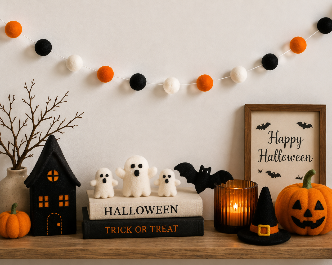 Felt Halloween decorations including garlands for seasonal retail collections.